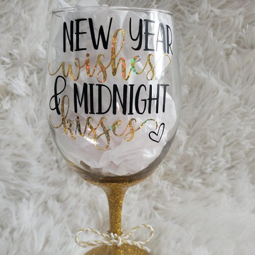 New Year's Wishes Midnight Kisses Gold Glittered Stemmed Wine Glass